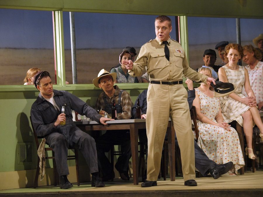 Belcore (the soldier) and Nemorino (left)

The Elixir of Love.
Music by Donizzeti
Nemorino - John Tessier
Adina - Sarah Tynan
Belcore - David Kempster
Dr Dulcamara - Andrew Shore
Giannetta - Julia Sporsen

ENO
Conductor - Pablo Heras-Casado
Director - Jonathan Miller
Designer - Isabella Bywater
Lighting Designer - Hans-Ake Sjoquist
10th February 2010